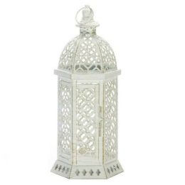 Accent Plus Lacy Cutout Distressed White Candle Lantern - 15.5 inches