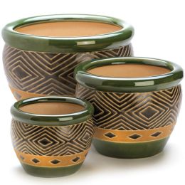 Summerfield Terrace Green Ceramic Diamond Pattern Planter Set