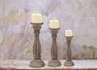 Benzara Handmade Wooden Candle Holder with Pillar Base Support; Distressed Brown; Set of 3