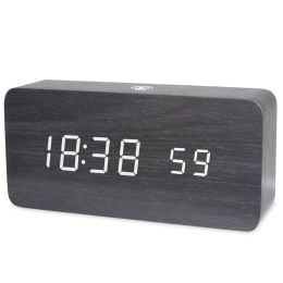 Smart APP LED Wooden Digital Alarm Clock Voice Control Thermometer Display Black