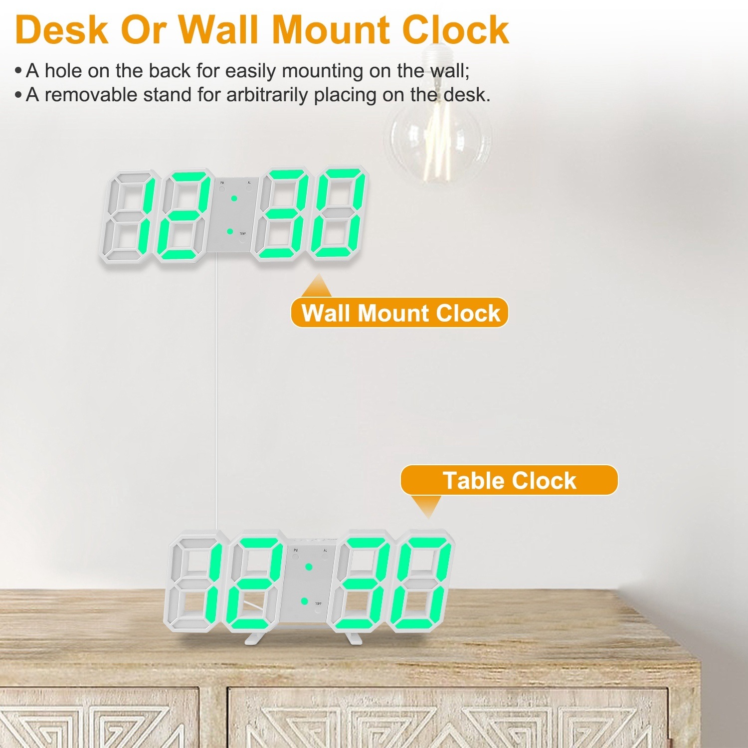 3D LED Digital Wall Clock Sound Control Table Desk Alarm Clock w/ 3