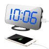 Digital Alarm Clock Mirror Surface LED Electronic Clock with USB Charger Blue