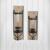 21 Inch Industrial Wall Mount Wood Candle Holder With Glass Hurrican; Set of 2; Black; DunaWest