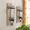 21 Inch Industrial Wall Mount Wood Candle Holder With Glass Hurrican; Set of 2; Black; DunaWest