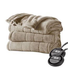 Sunbeam King Size Electric Microplush Heated Blanket with Dual Digital Controllers in Mushroom