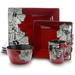 Elama Winter Bloom 16 Piece Square Stoneware Dinnerware Set