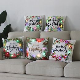 1 Pc Led Light Cushion Cover Wreath Print Christmas Decorations Funda Cojin for Living Room Christmas Pillow Case Home Decortion (Color: as pic A)