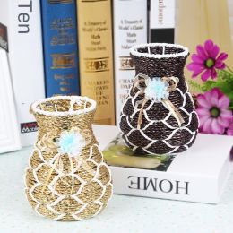 Cane woven iron flower pot vase simulation Plastic flower basket tabletop with plastic gold vase ornaments (colour: golden)