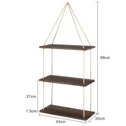 3 Tiers Rustic Wooden Wall Hanging Rope Shelf Mounted Floating Storage Unit Home (Color: Brown)