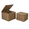 Set of 2 Nesting Wicker Cube Storage Boxes with Lids and Metal Steel Frame Basket Organiser for Home Storage