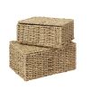 Set of 2 Nesting Wicker Cube Storage Boxes with Lids and Metal Steel Frame Basket Organiser for Home Storage