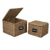 Set of 2 Nesting Wicker Cube Storage Boxes with Lids and Metal Steel Frame Basket Organiser for Home Storage